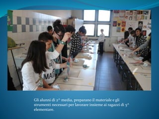 Gli alunni di 2^ media, preparano il materiale e gli
strumenti necessari per lavorare insieme ai ragazzi di 5^
elementare.
 