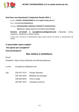 OLTRE L’ACCOGLIENZA (c’è un posto anche per te)
Vuoi fare una donazione? (risparmio fiscale 26% )
Bonifico a ​OLTRE L’ACCOGLIENZA (c’è un posto anche per te )
IBAN : ​IT54Y0503456070000000005890
CAUSALE: ​EROGAZIONE LIBERALE PROGETTI ASSOCIATIVI
EMESSO DA: CODICE FISCALE DI CHI PORTA IN DETRAZIONE​.
Inviare un’email a accoglienza.ok@gmail.com indicando nome,
cognome, residenza e codice fiscale
A fine anno invieremo la dichiarazione degli importi donati da inserire in dichiarazione dei
redditi
Ti piacerebbe capire meglio?
Hai spazio per accogliere?
Vuoi partecipare?
Non esitare a contattarci.
Eccoci
Facebook: https://www.facebook.com/oltreaccoglienza/
e-mail: accoglienza.ok@gmail.com
cell: 329 975 7573 Giorgio Salvatori
339 706 4204​ Raffaella De Giuseppe
338 660 6878 Anna Livraga
340 605 7872 Giuseppe Cavanna
( 8​ )
 