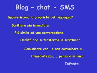 Blog – chat - SMS
Impoveriscono la proprietà del linguaggio?

  Scrittura più immediata

    Più simile ad una conversazione

        Oralità che si trasforma in scrittura?

          Comunicare con… e non comunicare a…

               Immediatezza, … pensare in linea

                                      Infante
 