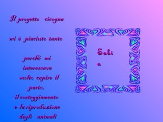 Il progetto cicognaIl progetto cicogna
mi è piaciuto tantomi è piaciuto tanto
perché miperché mi
interessavainteressava
molto capire ilmolto capire il
parto,parto,
il corteggiamentoil corteggiamento
e la riproduzionee la riproduzione
degli animalidegli animali
SabiSabi
aa
 