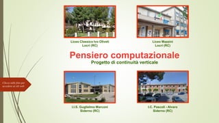 Liceo Classico Ivo Oliveti
Locri (RC)
I.I.S. Guglielmo Marconi
Siderno (RC)
Liceo Mazzini
Locri (RC)
I.C. Pascoli - Alvaro
Siderno (RC)
Pensiero computazionale
Progetto di continuità verticale
Clicca sulle foto per
accedere ai siti web
 