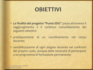 OBIETTIVI
 La finalità del progetto “Punto EDU” passa attraverso il
raggiungimento e il continuo consolidamento dei
seguenti obiettivi:
 predisposizione di un coordinamento nel corpo
docente;
 sensibilizzazione di ogni singolo docente nei confronti
del proprio ruolo, dunque della necessità di partecipare
a un programma di formazione permanente;
www.istitutofreud.it SCUOLA
PARITARIA S.FREUD
 