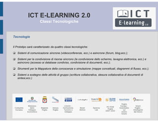 ICT E-LEARNING 2.0
Classi Tecnologiche
Tecnologie
Il Prototipo sarà caratterizzato da quattro classi tecnologiche:
 Sistemi di comunicazione sincrone (videoconferenze, ecc.) e asincrone (forum, blog,ecc.);
 Sistemi per la condivisione di risorse sincrono (la condivisione dello schermo, lavagna elettronica, ecc.) e
asincrono (accesso ai database condiviso, condivisione di documenti, ecc.);
 Strumenti per la Mappatura della conoscenza e simulazione (mappe concettuali, diagrammi di flusso, ecc.);
 Sistemi a sostegno delle attività di gruppo (scrittura collaborativa, stesura collaborativa di documenti di
sintesi,ecc.)
 