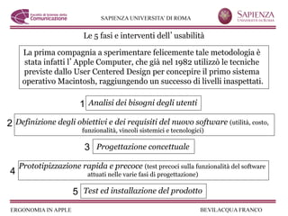 Le 5 fasi e interventi dell usabilità

     La prima compagnia a sperimentare felicemente tale metodologia è
      stata infatti l Apple Computer, che già nel 1982 utilizzò le tecniche
     previste dallo User Centered Design per concepire il primo sistema
     operativo Macintosh, raggiungendo un successo di livelli inaspettati.

                       1 Analisi dei bisogni degli utenti

2 Definizione degli obiettivi e dei requisiti del nuovo software (utilità, costo,
                        funzionalità, vincoli sistemici e tecnologici)

                         3 Progettazione concettuale
    Prototipizzazione rapida e precoce (test precoci sulla funzionalità del software
4                         attuati nelle varie fasi di progettazione)

                     5 Test ed installazione del prodotto
 