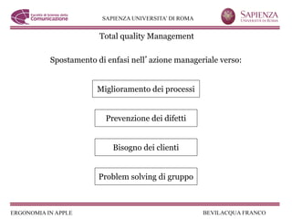 Total quality Management

Spostamento di enfasi nell azione manageriale verso:


            Miglioramento dei processi


               Prevenzione dei difetti


                 Bisogno dei clienti


             Problem solving di gruppo
 