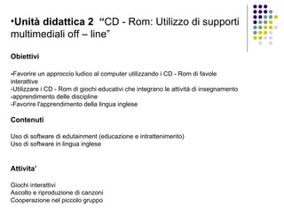 Unità didattica 2  “ CD - Rom: Utilizzo di supporti multimediali off – line” Obiettivi - Favorire un approccio ludico al computer utilizzando i CD - Rom di favole interattive -Utilizzare i CD - Rom di giochi educativi che integrano le attività di insegnamento -apprendimento delle discipline -Favorire l'apprendimento della lingua inglese  Contenuti Uso di software di edutainment (educazione e intrattenimento) Uso di software in lingua inglese   Attivita’ Giochi interattivi Ascolto e riproduzione di canzoni Cooperazione nel piccolo gruppo 