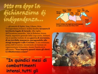 Otto ore dopo la dichiarazione  di indipendenza… …..gli eserciti di Egitto, Iraq, Libano, Siria, Transgiordania,Yemen e Arabia Saudita invasero il territorio legale di Israele. Alla vigilia dell’invasione panaraba, ‘Abdal-RahmanAzzam Pascià, segretario generale della Lega araba, dichiarò che si sarebbe trattato di una guerra di sterminio, di un terribile massacro, paragonabile alle stragi mongole e alle Crociate. E una settimana prima dell’invasione, incontrando ad Amman un rappresentante britannico, Azzam Pascià aveva affermato: "Non importa quanti siano gli ebrei. Li ributteremo a mare"“In quindici mesi di combattimenti intensi,tutti gli invasori furono respinti.”