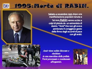 1995:Morte di RABIN.Sabato 4 novembre 1995 dopo una manifestazione popolare tenuta a Tel Aviv,Rabin venne ucciso a colpi di pistola da  un estremista di destra  “Amir”che non gli aveva perdonato il coraggioso gesto della firma degli accordi di pace con gli arabi.Amir viene subito bloccato e rinchiuso in una macchina della polizia.Verrà processato e condannato all'ergastolo.