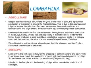 LOMBARDIA

AGRICULTURE

Despite the mountainous part, where the yield of the fields is poor, the agricultural
production of the region is among the highest in Italy. This is due to the abundance of
irrigation waters, the adoption of modern techniques, the use of machines and
fertilisers and, to a large extent, the existence of big, rationally organised companies.

Lombardy is located in the first places between the regions of Italy in the production
of maize, rye, barley, wheat, rice and, especially in the rotten ones, fodder for the
farms. It also produces a good quantity of vegetables, legumes, beets. It is not very
abundant, but precious, the wine of some areas (Oltrepò Pavese, Valtellina).

We cultivate the mulberry trees, whose leaves feed the silkworm, and the Poplars,
from which the cellulose is extracted.

BREEDING

Lombardy is the first place in Italy for the breeding of cattle in general and cows ' milk
in particular. As a result, the production of meat, milk, butter and cheese is very high;
Some cheese specialties are also known abroad (Gorgonzola, Italy).

It is also in the first place in the breeding of pigs, with a remarkable production of
sausages.
 