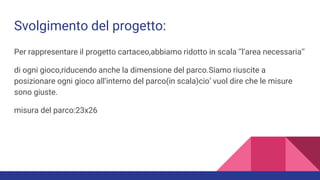 Svolgimento del progetto:
Per rappresentare il progetto cartaceo,abbiamo ridotto in scala ‘’l’area necessaria’’
di ogni gioco,riducendo anche la dimensione del parco.Siamo riuscite a
posizionare ogni gioco all’interno del parco(in scala)cio’ vuol dire che le misure
sono giuste.
misura del parco:23x26
 