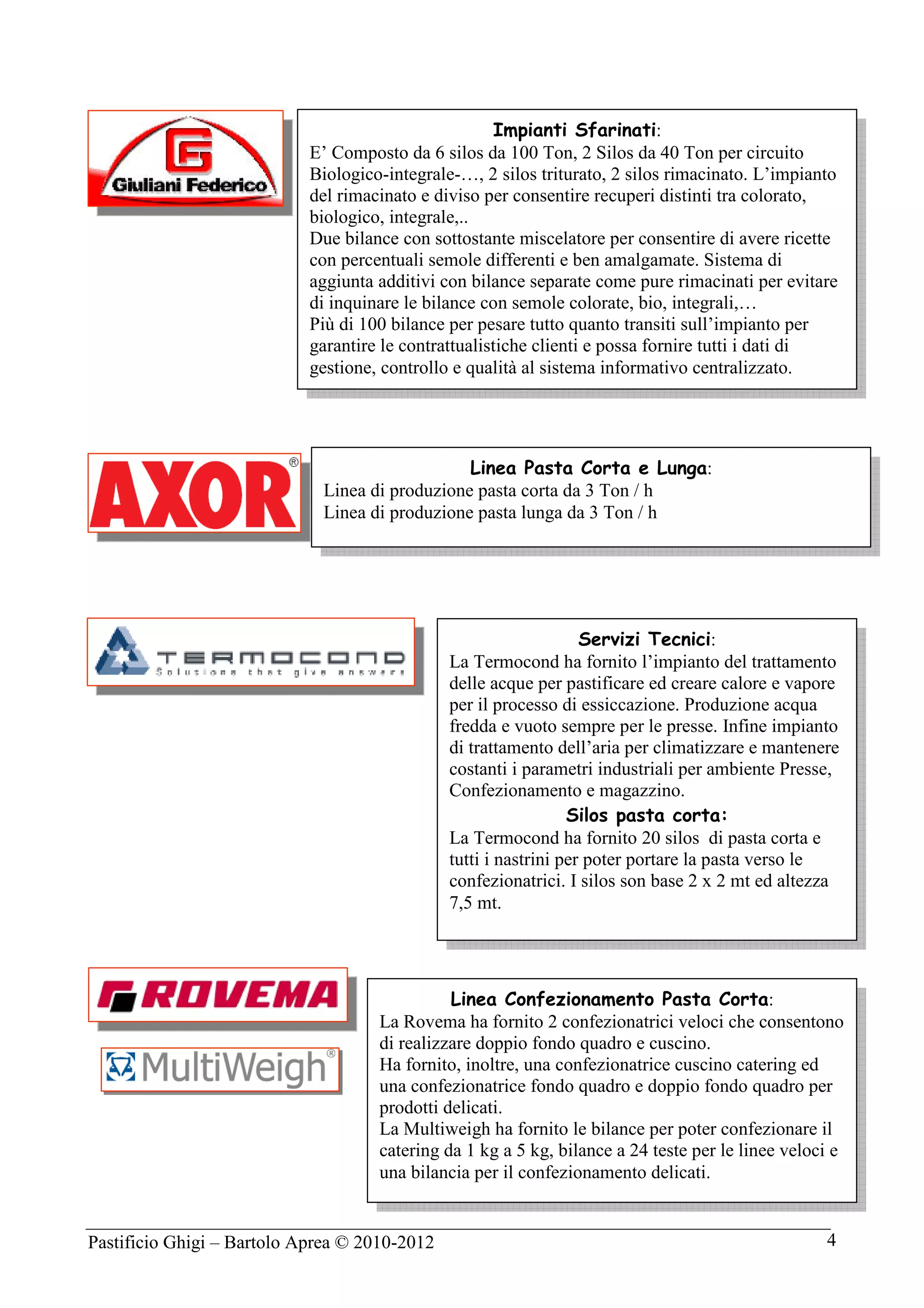 Pastificio Ghigi – Bartolo Aprea © 2010-2012 4
Impianti Sfarinati:
E’ Composto da 6 silos da 100 Ton, 2 Silos da 40 Ton per circuito
Biologico-integrale-…, 2 silos triturato, 2 silos rimacinato. L’impianto
del rimacinato e diviso per consentire recuperi distinti tra colorato,
biologico, integrale,..
Due bilance con sottostante miscelatore per consentire di avere ricette
con percentuali semole differenti e ben amalgamate. Sistema di
aggiunta additivi con bilance separate come pure rimacinati per evitare
di inquinare le bilance con semole colorate, bio, integrali,…
Più di 100 bilance per pesare tutto quanto transiti sull’impianto per
garantire le contrattualistiche clienti e possa fornire tutti i dati di
gestione, controllo e qualità al sistema informativo centralizzato.
Linea Pasta Corta e Lunga:
Linea di produzione pasta corta da 3 Ton / h
Linea di produzione pasta lunga da 3 Ton / h
Servizi Tecnici:
La Termocond ha fornito l’impianto del trattamento
delle acque per pastificare ed creare calore e vapore
per il processo di essiccazione. Produzione acqua
fredda e vuoto sempre per le presse. Infine impianto
di trattamento dell’aria per climatizzare e mantenere
costanti i parametri industriali per ambiente Presse,
Confezionamento e magazzino.
Silos pasta corta:
La Termocond ha fornito 20 silos di pasta corta e
tutti i nastrini per poter portare la pasta verso le
confezionatrici. I silos son base 2 x 2 mt ed altezza
7,5 mt.
Linea Confezionamento Pasta Corta:
La Rovema ha fornito 2 confezionatrici veloci che consentono
di realizzare doppio fondo quadro e cuscino.
Ha fornito, inoltre, una confezionatrice cuscino catering ed
una confezionatrice fondo quadro e doppio fondo quadro per
prodotti delicati.
La Multiweigh ha fornito le bilance per poter confezionare il
catering da 1 kg a 5 kg, bilance a 24 teste per le linee veloci e
una bilancia per il confezionamento delicati.
 
