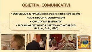 OBIETTIVI COMUNICATIVI
• COMUNICARE IL PIACERE: del mangiare e dello stare insieme
• DARE FIDUCIA AI CONSUMATORI
• QUALITA’ MA SEMPLICITA’
• PACKAGING DISTINTIVO RISPETTO AI CONCORRENTI
(Buitoni, Gallo, MDD).
 