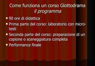 Come funziona un corso Glottodrama il programma 90 ore di didattica Prima parte del corso: laboratorio con micro-testi Seconda parte del corso: preparazione di un copione o sceneggiatura completa Performance finale 