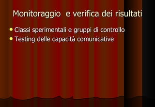 Monitoraggio  e verifica dei risultati Classi sperimentali e gruppi di controllo Testing delle capacità comunicative 