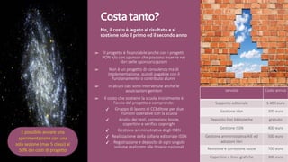 No,	il	costo	è	legato	al	risultato	e	si	
sostiene	solo	il	primo	ed	il	secondo	anno
➢ Il progetto è finanziabile anche con i progetti
PON e/o con sponsor che possono inserire nei
libri delle sponsorizzazioni
➢ Non è un progetto di consulenza ma di
implementazione, quindi pagabile con il
funzionamento o contributo alunni
➢ In alcuni casi sono intervenute anche le
associazioni genitori
➢ Il costo che sostiene la scuola inizialmente è
l’avvio del progetto e comprende:
✓ Gruppo di lavoro di CCEditore per due
riunioni operative con la scuola
✓ Analisi dei testi, correzione bozze,
copertine e verifica copyright
✓ Gestione amministrativa degli ISBN
✓ Realizzazione della collana editoriale ISSN
✓ Registrazione e deposito di ogni singolo
volume realizzato alle librerie nazionali
servizio Costo annuo
Supporto editoriale 1.400 euro
Gestione isbn 300 euro
Deposito libri biblioteche gratuito
Gestione iSSN 400 euro
Gestione amministrativa AIE ed
adozioni libri
500 euro
Revisione e correzione bozze 700 euro
Copertine e linee grafiche 300 euro
È possibile avviare una
sperimentazione con una
sola sezione (max 5 classi) al
50% dei costi di progetto
Costa	tanto?
 