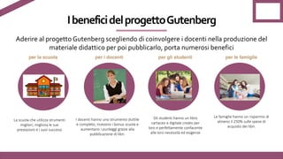 La scuola che utilizza strumenti
migliori, migliora le sue
prestazioni e i suoi successi
I docenti hanno uno strumento duttile
e completo, ricevono i bonus scuola e
aumentano i punteggi grazie alla
pubblicazione di libri.
Gli studenti hanno un libro
cartaceo e digitale creato per
loro e perfettamente confacente
alle loro necessità ed esigenze
Le famiglie hanno un risparmio di
almeno il 250% sulle spese di
acquisto dei libri.
I	benefici	del	progetto	Gutenberg
Aderire	al	progetto	Gutenberg	scegliendo	di	coinvolgere	i	docenti	nella	produzione	del	
materiale	didattico	per	poi	pubblicarlo,	porta	numerosi	benefici
per la scuola per i docenti per gli studenti per le famiglie
 