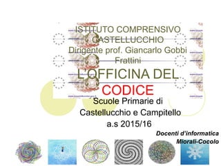 Fate clic per aggiungere testo
ISTITUTO COMPRENSIVO
CASTELLUCCHIO
Dirigente prof. Giancarlo Gobbi
Frattini
L’OFFICINA DEL
CODICE
Scuole Primarie di
Castellucchio e Campitello
a.s 2015/16
Docenti d’informatica
Miorali-Cocolo
 