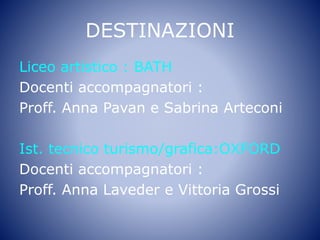 DESTINAZIONI
Liceo artistico : BATH
Docenti accompagnatori :
Proff. Anna Pavan e Sabrina Arteconi
Ist. tecnico turismo/grafica:OXFORD
Docenti accompagnatori :
Proff. Anna Laveder e Vittoria Grossi
 