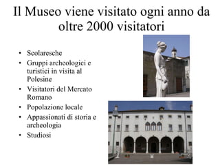 Il Museo viene visitato ogni anno da oltre 2000 visitatori Scolaresche Gruppi archeologici e turistici in visita al Polesine Visitatori del Mercato Romano Popolazione locale Appassionati di storia e archeologia Studiosi 