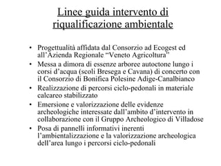 Linee guida intervento di riqualificazione ambientale Progettualità affidata dal Consorzio ad Ecogest ed all’Azienda Regionale “Veneto Agricoltura” Messa a dimora di essenze arboree autoctone lungo i corsi d’acqua (scoli Bresega e Cavana) di concerto con il Consorzio di Bonifica Polesine Adige-Canalbianco Realizzazione di percorsi ciclo-pedonali in materiale calcareo stabilizzato Emersione e valorizzazione delle evidenze archeologiche interessate dall’ambito d’intervento in collaborazione con il Gruppo Archeologico di Villadose Posa di pannelli informativi inerenti l’ambientalizzazione e la valorizzazione archeologica dell’area lungo i percorsi ciclo-pedonali 