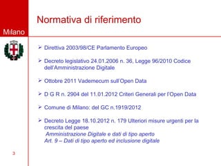 Normativa di riferimento
Milano
          Direttiva 2003/98/CE Parlamento Europeo

          Decreto legislativo 24.01.2006 n. 36, Legge 96/2010 Codice
           dell’Amministrazione Digitale

          Ottobre 2011 Vademecum sull’Open Data

          D G R n. 2904 del 11.01.2012 Criteri Generali per l’Open Data

          Comune di Milano: del GC n.1919/2012

          Decreto Legge 18.10.2012 n. 179 Ulteriori misure urgenti per la
           crescita del paese
           Amministrazione Digitale e dati di tipo aperto
           Art. 9 – Dati di tipo aperto ed inclusione digitale

  3
 
