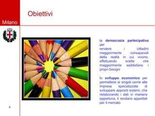 Obiettivi
Milano


                     la democrazia partecipativa
                     per
                     rendere        i        cittadini
                     maggiormente        consapevoli
                     della realtà in cui vivono,
                     effettuando      scelte      che
                     maggiormente soddisfano i
                     propri bisogni

                     lo sviluppo economico per
                     permettere ai singoli come alle
                     imprese      specializzate     di
                     sviluppare appositi sistemi, che
                     rielaborando i dati in maniera
                     opportuna, li rendano appetibili
                     per il mercato
  4
 