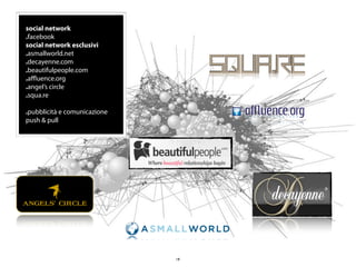 social network
.facebook
social network esclusivi
.asmallworld.net
.decayenne.com
.beautifulpeople.com
.aﬄuence.org
.angel’s circle
.squa.re

.pubblicità e comunicazione
push & pull




                              19
 