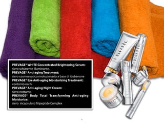 PREVAGE® WHITE Concentrated Brightening Serum:
siero schiarente illuminante.
PREVAGE® Anti-aging Treatment:
siero cosmeceutico rivoluzionario a base di Idebenone
PREVAGE® Eye Anti-aging Moisturizing Treatment:
contorno occhi
PREVAGE® Anti-aging Night Cream:
siero notturno
PREVAGE® Body Total Transforming Anti-aging
Moisturize:
siero incapsulato Tripeptide Complex



                                                7
 
