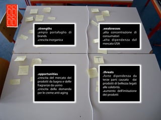 .strengths                      .weaknesses
.ampio portafoglio di           .alta concentrazione di
brands                          consumatori
.crescita inorganica            .alta dipendenza dal
                                mercato USA




                                .threats
.opportunities
                                .forte dipendenza da
.crescita del mercato dei
                                terze parti causata dai
prodotti da bagno e delle
                                prodotti di bellezza legati
fragranze da uomo
                                alle celebrità.
.crescita della domanda
                                .aumento dell’imitazione
per le creme anti-aging
                                dei prodotti




                            9
 