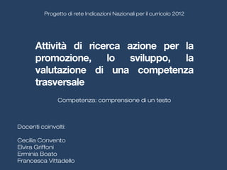 Progetto di rete Indicazioni Nazionali per il curricolo 2012 
Attività di ricerca azione per la 
promozione, lo sviluppo, la 
valutazione di una competenza 
trasversale 
Competenza: comprensione di un testo 
Docenti coinvolti: 
Cecilia Convento 
Elvira Griffoni 
Erminia Boato 
Francesca Vittadello 
 