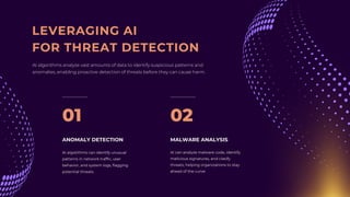 LEVERAGING AI
FOR THREAT DETECTION
AI algorithms analyze vast amounts of data to identify suspicious patterns and
anomalies, enabling proactive detection of threats before they can cause harm.
AI algotithms can identify unusual
patterns in network traffic, user
behavior, and system logs, flagging
potential threats.
AI can analyze malware code, identify
malicious signatures, and clasify
threats, helping organizations to stay
ahead of the curve
ANOMALY DETECTION MALWARE ANALYSIS
01 02
 