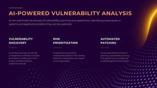 AI-POWERED VULNERABILITY ANALYSIS
AI can automate the process of vulnerability scanning and assessment, identifying weaknesses in
systems and applications before they can be exploited.
AI-powered scanners can identify
vulnerabilities in software, hardware,
and network infrastructure more
quickly and efficiently than
traditional methods.
AI algorithms can prioritize
vulnerabilities based on their severity,
likelihood of exploitation and impact
on the organization.
AI can automate the process of
patching vulnerabilities, ensuring
that systems are up-to-date and
protected againts known threats.
VULNERABILITY
DISCOVERY
RISK
PRIORITIZATION
AUTOMATED
PATCHING
 