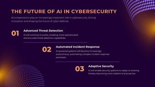 AI will enable security systems to adapt to evolving
threats, becoming more resilient and proactive.
AI-powered systems will become increasingly
autonomous, automating complex incident response
processes.
AI will continue to evolve, enabling more sophisticated
and accurate threat detection capabilities.
Adaptive Security
Advanced Threat Detection
Automated Incident Response
THE FUTURE OF AI IN CYBERSECURITY
AI is expected to play an increasingly important role in cybersecurity, driving
innovation and shaping the future of cyber defense.
01
02
03
 