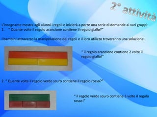 L’insegnante mostra agli alunni i regoli e inizierà a porre una serie di domande ai vari gruppi:
1. “ Quante volte il regolo arancione contiene il regolo giallo?”
I bambini attraverso la manipolazione dei regoli e il loro utilizzo troveranno una soluzione..
2. “ Quante volte il regolo verde scuro contiene il regolo rosso?”
“ il regolo arancione contiene 2 volte il
regolo giallo!”
“ il regolo verde scuro contiene 3 volte il regolo
rosso!”
 