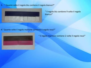 3. “ Quante volte il regolo blu contiene il regolo bianco?”
4.“ Quante volte il regolo marrone contiene il regolo rosa?”
“ il regolo blu contiene 9 volte il regolo
bianco!”
“ il regolo marrone contiene 2 volte il regolo rosa!”
 