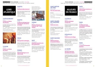 FÊTE DE LA BRETAGNE - GOUEL BREIZH 16 > 26 mai AILLEURS EN FRANCE
Musique / Danse / Théâtre / Arts plastiques / Cinéma / Photos / Sport / Nature / Jeux / Découvertes / Gastronomie
35+ d’infos sur fetedelabretagne.com34
LOIRE-ATLANTIQUE FÊTE DE LA BRETAGNE - GOUEL BREIZH 16 > 26 mai
Musique / Danse / Théâtre / Arts plastiques / Cinéma / Photos / Sport / Nature / Jeux / Découvertes / Gastronomie
+ d’infos sur fetedelabretagne.com
LOIRE-
ATLANTIQUE
Châteaubriant
19 mai
Concert au château
avec Bivouac
Accordéon diatonique, violon et sax
baryton/bombarde !
16 h • Château départemental de Châ-
teaubriant • gratuit • 02 40 28 20 20 •
beauxjours@loire-atlantique.fr
Conseil Général de Loire-Atlantique
Clisson
26 mai
Concert au château
de Clisson !
Joaoularencontredetroismusiciensqui
enchantent la musique traditionnelle.
16 h 30•ChâteaudépartementaldeClisson
• gratuit • 02 40 54 02 22 • beauxjours@
loire-atlantique.fr
Conseil Général de Loire-Atlantique
Nantes
19 mai
La grande tablée bretonne !
Entreculturelandaiseetbretonne,venez
festoyer en musique !
Àpartirde11 h•PlacedelaPetite-Hollande
• gratuit • 06 09 82 15 78
Comité des Vins Bretons
Nantes
25 mai
Le rôle de la Bretagne dans
l’introduction des plantes
en Europe
Nantes a été le port d’attache des bota-
nistesbretonsàrenomméeuniverselle.
Conférence au salon des Floralies !
15 h • Salon des floralies, Hôtel de l’hor-
ticulture, 7 quai Henri Barbuse • 3 € •
0240768113•bretagneplus.blogspot.com
Bretagne Plus
Piriac
19 mai
Venez peindre la Bretagne
Concours de peinture ouvert à tous.
8 h à 18 h Salle Ménescoul • gratuit •
02 97 57 25 19 •couleursdebretagne.org
Couleurs de Bretagne
Pornic
18 au 19 mai
Fête de la Bretagne sur la
Côte de Jade
Festnozle18mai.Animationsmusicales,
le 19 mai,sur le vieux port de Pornic.
Le 18, à partir de 20 h • Espace Culturel
duValSaintMartin•7 €,gratuit< 12 ans
• darugnaj@yahoo.fr
Le 19, 11 h 30-17 h • Vieux Port • gratuit •
adct.pornic@gmail.com
Atelier de Danses Celtiques et
Traditionnelles de Pornic
Pornic
21 mai
Fête de la Bretagne sur
la Côte de Jade - soirée
celtique
Show brito-irlandais pour une grande
soirée traditionnelle.
20 h 30 • Amphithéâtre Culturel, rue
Loukianoff • gratuit-5 € • Réservation
auprès de l’Office de Tourisme
Atelier de Danses Celtiques et
Traditionnelles de Pornic
Rezé
18 au 19 mai
Exposition de peinture de
Yann Quemeneur
Initiez-vous aux pinceaux de Yann
Quemeneur,dans son atelier à Rezé.
20 h • 22 rue des Cévennes • gratuit •
06 32 70 54 11 • yann-quemeneur.com
Yann Quéméneur
©MyriamJegat
©DR
Saint-Brévin-
les-Pins
25 au 26 mai
Fest-noz Gouel Erwan
Fest-noz !
21 h • Salle de l’Étoile de Jade • 6 € •
02 40 27 34 10 • cercleceltiquegwen
nilimor.com
Cercle Celtique Gwennili Mor
Saint-Hilaire-
de-ChalÉons
25 mai
Chants de marins
Le lieu est fameux et le groupe ne l’est
pas moins : Jad’hisse est à La Motte
aux cochons !
21 h • La Motte aux Cochons • gratuit •
02 51 84 16 07
Atelier de danse celtiques et
traditionnelle de Pornic
Saint-Nazaire
26 mai
Défilé de danseurs
et musiciens bretons
Défilédedanseursetmusiciensbretonsen
costumetraditionnel,surlefrontdemer.
15 h•Frontdemer•0677486443•cercle-
celtique-saint-nazaire.net
Cercle celtique de Saint-Nazaire
Ailleurs
en france
Cugnaux
25 mai
Fête de la Bretagne
en Pays d’Oc
Bretagneet Occitanie,Fest-nozet Baleti
au pays du soleil.
Journée et soirée à la Salle A. Camus,
Place de la République, bal 7 €/5 € •
06 33 73 34 09 • breizhenoc.org
Breizh en Oc
Ecquevilly
25 mai
Concert de rock celtique
Penn Du, un nom de corsaire pour ce
groupe de musique rock qui va faire
bouger Ecquevilly !
21 h • Barde Atomique • 5 €/6 €/gratuit •
01 34 75 36 39 • penndu.fr
Association Ty Penn Du
Le Havre
18 au 19 mai
Fête de la Saint-Yves
des Bretons du Havre
Grande fête populaire en accès libre
dans le quartier historique des Bretons
au Havre.
Quartier Saint-François • gratuit •
06 66 82 34 88 • bretagne-accueil.com
Association Bretagne Accueil les
Bretons du Havre et des Environs
Paris
16 au 26 mai
Julien Gracq, une plume au
vent d’ouest
Textes de l’écrivain Julien Gracq sur la
Bretagne et ses marches interprétés
par Erwan Chartier.
Théâtre de l’Ile Saint-Louis • 15 €/10 € •
01 46 33 48 65 • eric-chartier.com
Cie Nicole Gallimard
Paris
16 mai
La Vallée des Saints
une aventure artistique
et humaine
La Vallée des Saints sur la commune
de Carnoët ambitionne d’attirer les
visiteurs autour de statues sculptées
dans le granit, dédiées aux Saints
fondateurs bretons.
18 h • Maison de la Bretagne • gratuit •
lavalleedessaints@gmail.com
Paris Breton et l’Association de la
vallée des Saints
Paris
16 au 23 mai
1er
Forum de l’économie
bretonne
« LapointeBretagneinventelenumérique
de demain » :16 mai
18 h 45 • Assemblée nationale • gratuit
Les Nouveaux Conquérants Bretons
« Cinéma et audiovisuel » : 21 mai
19 h 30 • Maison de la Bretagne • gratuit
ou 10 €
Dîner-débat« Lesdéfisetlesopportunités
de la croissance bleue » :22 mai
19 h 30 • Sénat • 40/60 €
« Accompagner l’internationalisation
des entreprises bretonnes » :23 mai
 