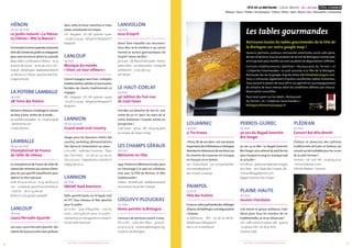 FÊTE DE LA BRETAGNE - GOUEL BREIZH 16 > 26 mai CÔTES-D’ARMOR
Musique / Danse / Théâtre / Arts plastiques / Cinéma / Photos / Sport / Nature / Jeux / Découvertes / Gastronomie
54 + d’infos sur fetedelabretagne.com+ d’infos sur fetedelabretagne.com
FÊTE DE LA BRETAGNE - GOUEL BREIZH 16 > 26 mai CÔTES-D’ARMOR
Musique / Danse / Théâtre / Arts plastiques / Cinéma / Photos / Sport / Nature / Jeux / Découvertes / Gastronomie
Hénon
25 au 26 mai
Le jardin naturel « La Pâture
es Chênes » fête la Nature !
Unmomentcommesuspenduoùtousles
vertsdel’universdujardinseconjuguent
pourravirlessenset attiserlacuriosité.
BeauSoleil« LaPâtureesChênes »•le25,
à partir de 14 h 30 • le 26, de 10 h à 17 h •
Gratuit•06 83 8 39 60•lapatureeschenes.fr
La Pâture es Chênes, Sylvaine Alnot &
Grégory Roche
La Poterie Lamballe
19 mai
28e
Foire des Potiers
Artisanscréateurs,modelageetcuisson
au four à bois, visites de la lande...
14ruedelamarouette•2 €•02 96 50 74 48
• atelierterre.com
L’Hoté d’Potier
Lamballe
18 au 19 mai
Championnat de France
de roller de vitesse
Le championnat de France de roller de
vitesse des minimes aux seniors-élites :
plus de 300 sportifs batailleront pour
obtenir le titre national.
Le18, 8 h 30 à 20 h 30 • le 19, de 8 h 30 à
17 h • complexe sportif du Penthièvre
• Gratuit • 06 21 24 08 06
Roller In Line grand Lamballe
Lanloup
18 mai
Laura Perrudin Quartet
Jazz avec Laura Perrudin Quartet :des
relents de la jeune scène new-yorkaise
dans cette écriture inventive et mou-
vante, envoûtante et unique.
21 h•Kerganer•7 €/6 €/gratuit<14 ans
• 02 96 22 33 44 • kerganer.blogspot.fr
Kerganer
Lanloup
19 mai
Musique du monde
« Siian, un tour ailleurs »
Concert voyageur avec Siian :mélopées
traditionnelles subtiles et lancinantes
bordées de chants traditionnels et
engagés.
18 h•Kerganer•7 €/6 €/gratuit<14 ans
• 02 96 22 33 44 • kerganer.blogspot.fr
Kerganer
Lannion
18 au 19 mai
Grand week-end Country
Stages pour les danseurs initiés, bal
country, workshop, démonstrations,
line dance et restauration sur place.
10 h à 18 h • Salle des Ursulines - Place
des Patriotes • 02 96 47 24 09 ou
06 12 75 23 05•happyboots22-lannion.fr
Happy Boots 22
Lannion
26 mai
ENSSAT Raid Aventure
Défis sportifs basés sur le kayak, trail
et VTT. Tous niveaux et fête sportive
pour le public.
9 h à 16 h • quai d’Aiguillon • inscrip-
tions : 20 €/gratuit pour le public •
raidaventure.management.enssat.fr
Enssat Raid Aventure
Lanvollon
24 mai
Jeux d’esprit
Venez faire travailler vos neurones !
Vous êtes le/la meilleur-e au calcul
mental et autres gymnastiques de
l’esprit ? Venez vérifier !
9 hà19 h•28,PlaceGldeGaulle•Partici-
pationlibre•surréservation•contact@
asfbreizh.fr • 02 90 36 01 41
ASF Breizh
Le Haut-Corlay
19 mai
34e
édition du Fest-noz
de Coat Favan
Fest Noz sur plancher de 700 m2
, une
scène de 70 m2
pour les stars de la
scène bretonne ! Grande soirée en
perspective !
CoatFavan•19 h 30•8 €•0647954861
Les Jeunes du Haut-Corlay
Les Champs Géraux
26 mai
Mémoires en Fête
1943,Histoire et Mémoire locales pour
un hommage à la paix en collabora-
tion avec la Ville de Rennes, et fête
traditionnelle !
Gratuit•06 16 66 15 16•aufildeschamps.fr
Association Au fil des Champs
Loguivy-Plougras
20 mai
Venez peindre la Bretagne
Concours de peinture ouvert à tous.
8 h à 18 h • Salle des fêtes • gratuit •
02 97 57 25 19 • couleursdebretagne.org
Couleurs de Bretagne
Louannec
19 mai
3e
Tro Erwan
« Picou,fils de son père » est une œuvre
importantedelalittératureenBretagne.
Revisitezlesitinérancesdesonhérossur
les chemins de Louannec en musique,
en français et en breton.
14 h•ÉcoleDiwan•5 €/10 €parfamille•
tro.erwan@yahoo.fr
Skol Diwan Louaneg
Paimpol
23 mai
Fête des huîtres
Cruesoucuites,parfuméesdesmélanges
d’épices de Rœllinger,une dégustation
s’impose.
Le Balthazar • 18 h • 02 96 20 08 85 •
lebalthazar22blogspot.fr
Bar à vin Le Balthazar
Perros-Guirec
25 mai
30 ans du Bagad Sonerien
Bro Dreger
30 ans ça se fête ! Le Bagad Sonerien
Bro Dreger vous attend de pied ferme
pour marquer le coup en musique trad
et actuelle !
10 h-18 h 30•jardinsduPalaisdesCongrès,
prix libre • 19 h, Palais des Congrès, 8 € •
contact@bagadperros.com
Bagad Sonerien Bro Dreger
Plaine-Haute
26 mai
Session irlandaise
Une bonne et grosse ambiance irlan-
daise pour tous les mordus de zic
traditionnelle, ça ne se refuse pas !
21 h•café-concertCouleurcafé•gratuit
• 02 96 64 17 81 / 06 78 47 18 67
Couleur Café
PlÉdran
25 mai
Concert Bal Afro-Breizh
Chaleur et obsession des rythmes
traditionnels africains et bretons, du
concert au bal endiablé pour les 10 ans
de la salle Horizon !
Horizon•11 €/10 €/8 €•02 96 64 30 30
• horizonpledran.com
Ville de Plédran - Horizon
©DR
Les tables gourmandes
Retrouvez toutes les tables gourmandes de la Fête de
la Bretagne sur notre google map !
Saveurs, parfums, couleurs, onctuosité, amertume, sucré, salé, épicé,
de mer et de terre, tous les produits du terroir de Bretagne cuisinés avec
art et passion pour éveiller vos sens au plaisir de dégustations raffinées.
Certains établissements labellisés « Restaurants du Terroir » et
« Crêperies Gourmandes » se sont associés à la Fête de la Bretagne.
Retrouvez-les sur la google-map de notre site fetedelabretagne.com.
Vous y retrouvez également d’autres excellentes tables bretonnes.
Tous auront le plaisir de vous offrir un apéritif en accompagnement
de certains de leurs menus selon les conditions définies par chacun.
Réservation conseillée.
Pour tout savoir sur les labels « Restaurant
du Terroir » et « Crêperies Gourmandes » :
bretagne.bienvenueaupays.fr
©SylvainCambon
 