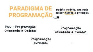 PARADIGMA DE
PROGRAMAÇÃO
Modelo, padrão, que pode
conter regras e princípios
POO - Programação
Orientada a Objetos
Programação
orientada a eventos
Programação
Funcional ...
 