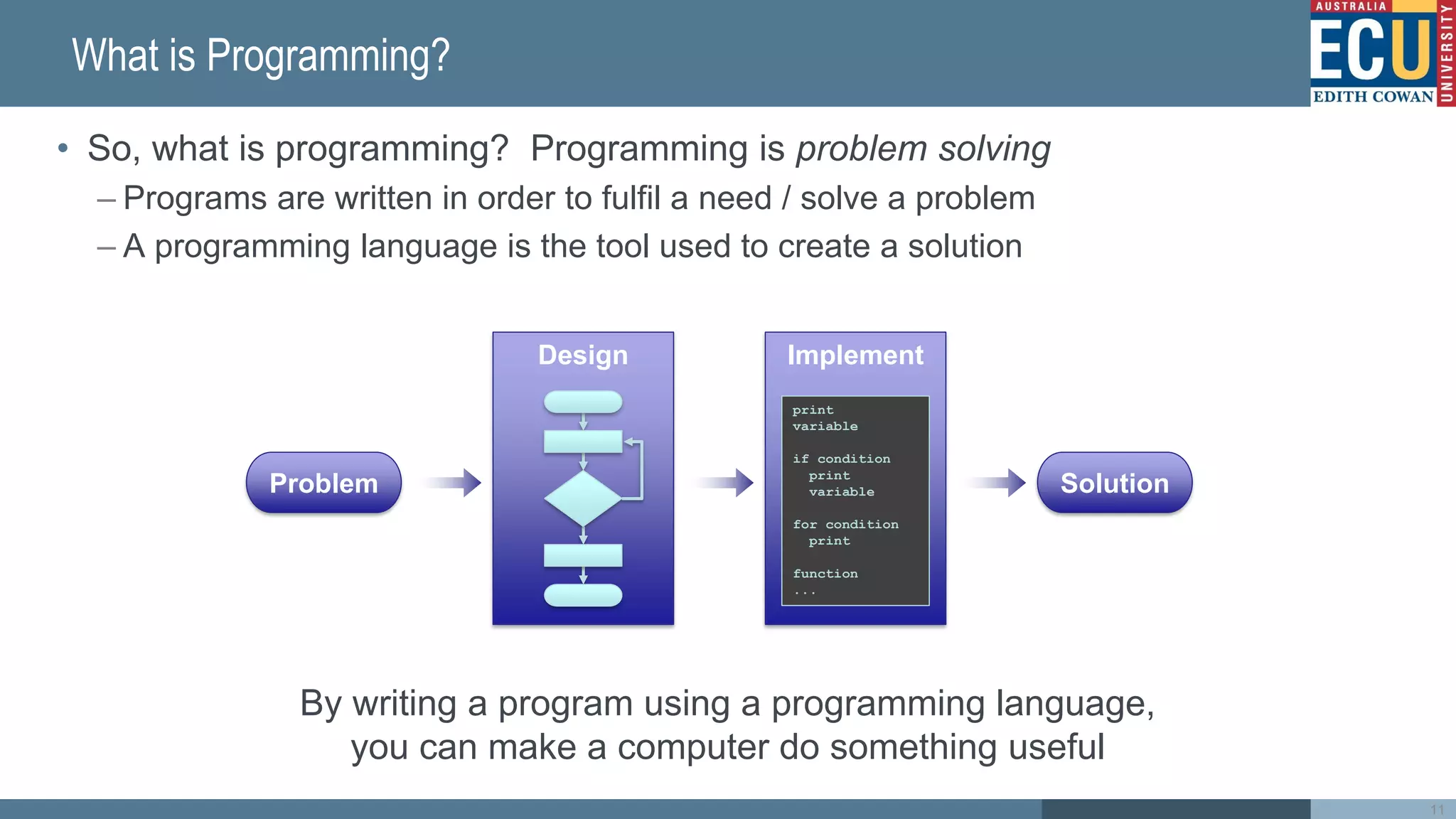 What is Programming?
• So, what is programming? Programming is problem solving
– Programs are written in order to fulfil a need / solve a problem
– A programming language is the tool used to create a solution
By writing a program using a programming language,
you can make a computer do something useful
11
Problem Solution
Design Implement
print
variable
if condition
print
variable
for condition
print
function
...
 