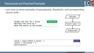 Pseudocode and Flowchart Examples
• Let’s look at some examples of pseudocode, flowcharts, and corresponding
source code…
26
Prompt the user for a value
Multiply the value by 2
Show the result on the screen
Pseudocode
value = input('Enter a value: ')
result = int(value) * 2
print(result)
Python
Result = value * 2
Get value
Display result
 