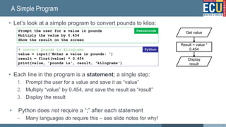 A Simple Program
• Let’s look at a simple program to convert pounds to kilos:
• Each line in the program is a statement; a single step:
1. Prompt the user for a value and save it as “value”
2. Multiply “value” by 0.454, and save the result as “result”
3. Display the result
• Python does not require a “;” after each statement
– Many languages do require this – see slide notes for why!
36
Prompt the user for a value in pounds
Multiply the value by 0.454
Show the result on the screen
Pseudocode
# convert pounds to kilograms
value = input('Enter a value in pounds: ')
result = float(value) * 0.454
print(value, 'pounds is', result, 'kilograms')
Python
Result = value *
0.454
Get value
Display
result
 