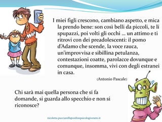 Chi sarà mai quella persona che si fa
domande, si guarda allo specchio e non si
riconosce?
I miei figli crescono, cambiano aspetto, e mica
la prendo bene: son così belli da piccoli, te li
spupazzi, poi volti gli occhi … un attimo e ti
ritrovi con dei preadolescenti: il pomo
d’Adamo che scende, la voce rauca,
un’improvvisa e sibillina petulanza,
contestazioni coatte, parolacce dovunque e
comunque, insomma, vivi con degli estranei
in casa.
(Antonio Pascale)
nicoletta.pucciarelli@ordinepsicologiveneto.it
 
