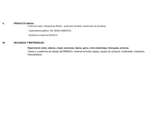 II. PRODUCTO ANUAL:
Producción sobre Campaña de difusión, producción de textos, construcción de acrósticos.
- Organizadores gráficos DEL MEDIO AMBIENTE,..
- Periódicos murales ALUSIVOS A
III. RECURSOS Y MATERIALES:
Papel (bond, lustre, sábana, crepe), plumones, tijeras, goma, cinta maskintape, fotocopias, pinturas.
Textos y cuadernos de trabajo del MINEDU, material concreto, laptop, equipo de cómputo, multimedia, impresora,
fotocopiadora.
 