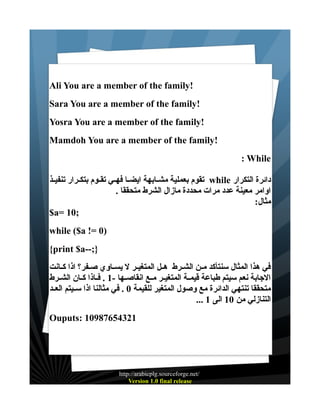 ‫!‪Ali You are a member of the family‬‬
‫!‪Sara You are a member of the family‬‬
‫!‪Yosra You are a member of the family‬‬
‫!‪Mamdoh You are a member of the family‬‬
‫‪: While‬‬
‫دائرة التكرار ‪ while‬تقوم بعملية مشــابهة ايضــا فهــي تقــوم بتكــرار تنفيــذ‬
‫اوامر معينة عدد مرات محددة مازال الشرط متحققا .‬
‫مثال:‬
‫;01 =‪$a‬‬
‫)0 =! ‪while ($a‬‬
‫};--‪{print $a‬‬
‫في هذا المثال سنتأكد مــن الشــرط هــل المتغيــر ل يســاوي صــفر؟ اذا كــانت‬
‫الجابة نعم سيتم طباعة قيمــة المتغيــر مــع انقاصــها -1 . فــاذا كــان الشــرط‬
‫متحققا تنتهي الدائرة مع وصول المتغير للقيمة 0 . في مثالنا اذا ســيتم العــد‬
‫التنازلي من 01 الى 1 ...‬
‫12345678901 :‪Ouputs‬‬

‫/‪http://arabicplg.sourceforge.net‬‬
‫‪Version 1.0 final release‬‬

 
