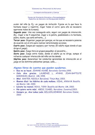 Julián Clavería,11- 4ª planta. 33006 Oviedo.
Tfnº: 985 27 29 85. Fax: 985 23 43 22. E-mail: eeaovied@educastur.princast.es
Web:www.educastur.princast.es/eoep/eeaovied
GOBIERNO DEL PRINCIPADO DE ASTURIAS
Consejería de Educación y Ciencia
Equipo de Orientación Educativa y Psicopedagógica
Específico de Atención a la Discapacidad Auditiva
ocular del niño (p. Ej.: en juegos de imitación: fijarse en lo que hace la
hermana mayor y repetirlo. Jugar todos al corro: para ello es necesario
agarrarse todos de la mano).
Segundo paso: Una vez conseguido esto, seguir con juegos de interacción.
(Ej.: Jugar a las 4 esquinitas. Jugar a la pelota, pasándosela a la hermana,
padre, madre, que esté enfrente,....).
Tercer paso: Organizar juegos por parejas, en los que es necesario ponerse
de acuerdo con el otro para realizar determinadas acciones.
Cuarto paso: Juegos por equipos y por turnos. (El adulto sigue siendo el que
dirige el juego).
Quinto paso: Juego libre en grupos pequeños: al escondite,...
Sexto paso: Juego entre todos, donde el adulto ya no dirige, aunque sí
refuerza cualquier interacción del niño con los demás.
Séptimo paso: Generalizar las conductas aprendidas de interacción en el
juego en los distintos ambientes: parque, calle,...
Algunos libros de cuentos que pueden ayudarnos.
• ¡Eso no se hace!. JEANNE ASHBÉ. Barcelona: Corimbo,1999.
• Julio dice gracias. LAURENCE L. AFANO, JEAN-BAPTISTE
BARONIAN. Madrid :SM, 1998.
• ¡Mio!. BAXTER, NICOLA. Barcelona: Timun Mas, 2003.
• ¡Buenos días!: los hábitos de cada mañana. VIDAL, ANNA M. Boadilla
del Monte: SM, 2000.
• ¡Lávate las manos!. ROSS, TONY. Boadilla del Monte: SM, 2002.
• ¡No quiero verte más!. ABEDI, ISABEL. Barcelona: Juventud,2003.
• Siempre yo, dice Lukas León. WILSON,HENRIKE. Barcelona: Edebé,
2003
 