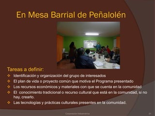 En Mesa Barrial de Peñalolén




Tareas a definir:
 Identificación y organización del grupo de interesados
 El plan de vida o proyecto común que motiva el Programa presentado
 Los recursos económicos y materiales con que se cuenta en la comunidad
 El conocimiento tradicional o recurso cultural que está en la comunidad, si no
  hay, crearlo.
 Las tecnologías y prácticas culturales presentes en la comunidad.

                                 Corporación Indoamérica                           21
 