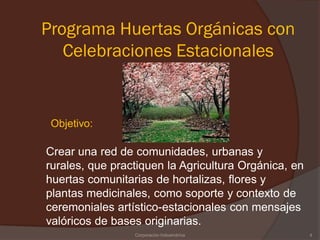 Programa Huertas Orgánicas con
   Celebraciones Estacionales


 Objetivo:

Crear una red de comunidades, urbanas y
rurales, que practiquen la Agricultura Orgánica, en
huertas comunitarias de hortalizas, flores y
plantas medicinales, como soporte y contexto de
ceremoniales artístico-estacionales con mensajes
valóricos de bases originarias.
                 Corporación Indoamérica              4
 