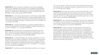 ENVELOPE 12 - Ser uma pessoa resiliente é uma ótima qualidade.
Você possui habilidade de se adaptar com facilidade às dificuldades
do dia a dia, sabe dar a volta por cima e transforma experiências ne-
gativas em aprendizado. Seja solidário e passe o presente junto com
envelope 13, para uma pessoa PARTICIPATIVA.
ENVELOPE 13 – Uma atitude participativa nos estimula a compartilhar
com o “todo maior” o significado único da nossa singularidade, adicio-
nando valor e qualidade de consciência ao meio em que vivemos, isso
nos traz grande alegria, entregue o presente junto com o envelope 14,
a uma pessoa ALEGRE.
ENVELOPE 14 – Quando escolhemos o caminho da alegria todas as
nossas atitudes ganham um brilho especial. Entregue o presente jun-
to com o envelope 15, a uma pessoa SINCERA.
ENVELOPE 15 -Honestidade e sinceridade são sinônimos, por nos
trazer a paz interior que surge quando estamos sintonizados com a
alma. Isso é uma decisão. Portanto entregue o presente junto com o
envelope 16, a uma pessoa com atitudes DECIDIDAS.
ENVELOPE 16 – A atitude decidida nos convida a abandonar a condi-
ção passiva de ficar apenas “desejando”, dando-nos um impulso para
a ação. Experimentar conscientemente um ato de vontade é dar ex-
pressão à capacidade de autodeterminação que carregamos na alma.
Expresse, e entregue o presente junto com o envelope 17, a uma pes-
soa com atitudes de LIDERANÇA.
ENVELOPE 17 - Ser líder não está relacionado somente com o cargo e
sim com as atitudes. Você toma a frente das tarefas sempre pensan-
do no grupo, guia e participa. Ofereça o presente junto com o envelo-
pe 18 a uma pessoa CORDIAL.
ENVELOPE 18 - Bom dia, boa tarde e um tudo bem? Não são só cum-
primentos de educação, mas sim atitudes que tornam o ambiente
mais saudável, gentil e feliz. Continue assim, mesmo que não receba
resposta. Com a sua cordialidade passe o presente junto com o enve-
lope 19 para uma pessoa ORGANIZADA.
ENVELOPE 19 - Ser uma pessoa organizada não só torna o ambiente
de trabalho mais harmonioso como também contribui com o bem-es-
tar de todos e ainda aumenta sua produtividade. Passe esse presente
com o envelope 20 para uma pessoa GENEROSA.
ENVELOPE 20 – Tudo na natureza é espontaneamente generoso.
Podemos ser generosos na ação, no sentimento e no pensamento.
Quando agimos generosamente, partimos de uma consciência de
prosperidade e abundância, na qual a ênfase está na qualidade e não
na quantidade. Quando sentimos generosamente , nossa doação é
espontânea e invisível. Quando pensamos generosamente, compre-
endemos que a alegria de dar e a capacidade plena de receber são
partes de uma única dádiva. Abra o presente e compartilhe com estas
pessoas de atitudes tão positivas!
 