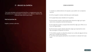 17 - Brasão da Empresa
Com essa atividade será possível identificar o engajamento dos cola-
boradores com a organização e visualizar se os valores e objetivos da
empresa estão claros para todos.
Você vai precisar de:
Papéis e canetas coloridas.
COMO ACONTECE:
1 - Divida os colaboradores em equipes, que podem ser os departa-
mentos.
2 - Dê um papel e canetas coloridas para cada equipe.
3 - O papel deve estar dividido em 4 quadros.
4 - No primeiro quadro cada equipe deve desenhar algo que repre-
sente uma conquista recente da empresa.
5 - No segundo quadro a equipe deve desenhar algo que reflita os va-
lores da organização.
6 - No terceiro quadro devem desenhar algo que represente como
eles enxergam a empresa no futuro.
7 - No último quadro os desenhos devem ser unidos de alguma forma
para criar o brasão da empresa.
8 - Ao final cada equipe apresenta o seu brasão e o colocam em suas
salas.
 