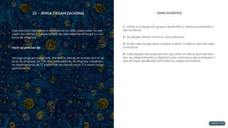 23 - Jenga Organizacional
Esse exercício representa a importância de cada colaborador na exe-
cução das tarefas e a dependência de cada departamento para o su-
cesso da empresa.
Você vai precisar de:
Um jogo jenga personalizado. Marque os blocos de acordo com os se-
tores da empresa. Se 10% dos colaboradores da empresa trabalham
no departamento de TI, então 10% dos blocos serão TI e assim conse-
quentemente.
COMO ACONTECE:
1 - Divida sua equipe em grupos, dando-lhes a mesma quantidade e
tipo de blocos.
2 - As equipes devem construir uma estrutura.
3 - Então cada equipe deve começar a retirar os blocos sem derrubar
a estrutura.
4 - Cada equipe não pode permitir que tirem os blocos que represen-
tam seu departamento, o objetivo é que a estrutura seja a empresa e
que ela fique equilibrada com todos os cargos necessários.
 